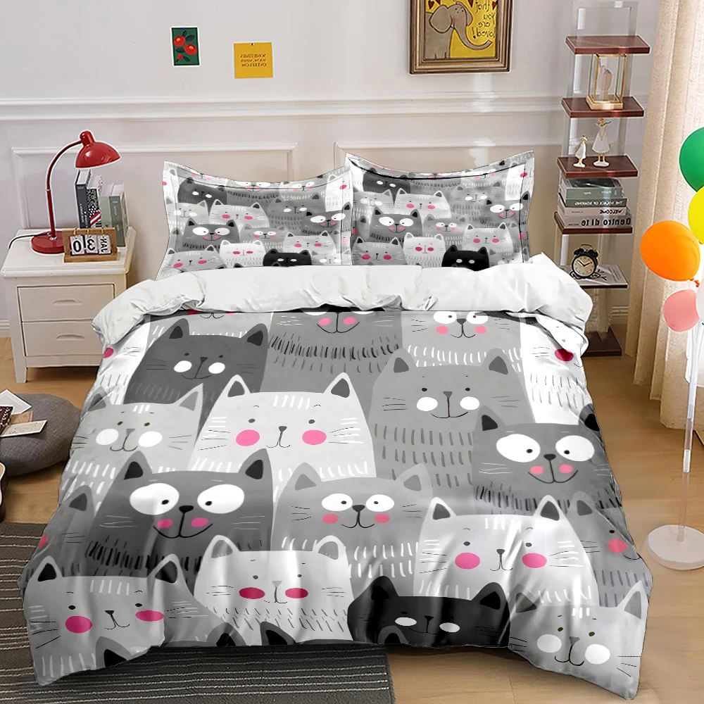 Multiple cartoon gray and white cats Print Bedding Set 1 Duvet Cover 2 Pillowcases for Adult and Children Luxury Gift Full Size