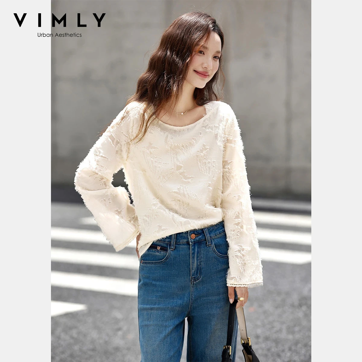 

Vimly French Style Shirt Women's 2025 Autumn 3D Tassel Flare Sleeves Chiffon Blouse Off-shoulder Loose Blouses Elegant Top A3033