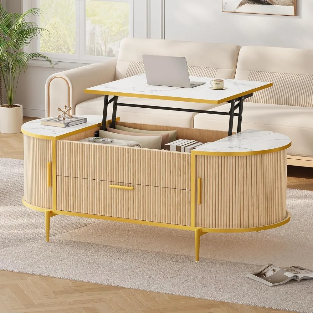

Modern Luxury Lift Top Coffee Table, 47" Oval Coffee Table with Storage, Fluted Center Table with Sliding Door, Faux Marble Top,
