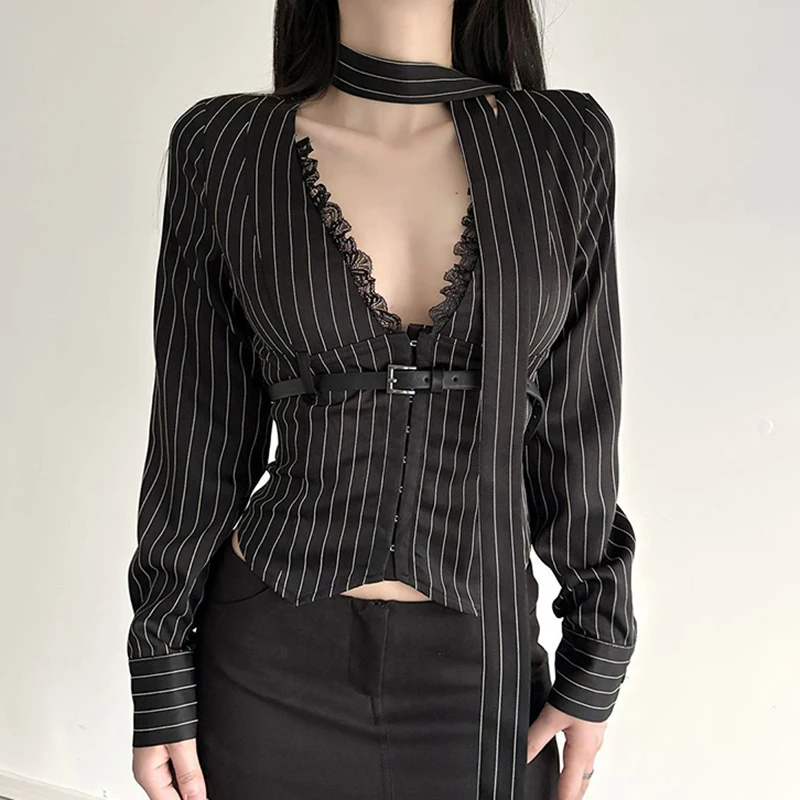 

MEXZT Elegant Striped Shirts Women Y2K Fashion Sexy Cropped Lace V Neck Blouses Office Ladies Korean Long Sleeve Design Tops New