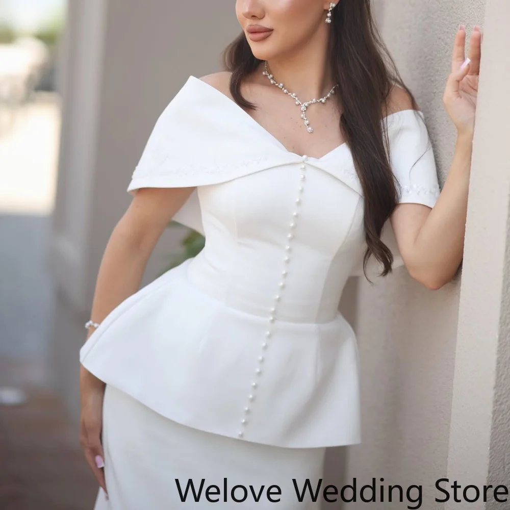 Customized Classic White Wedding Formal Dress Off Shoulder Fold Over Neckline Vertical Pearl Button Corset Peplum Top Slim