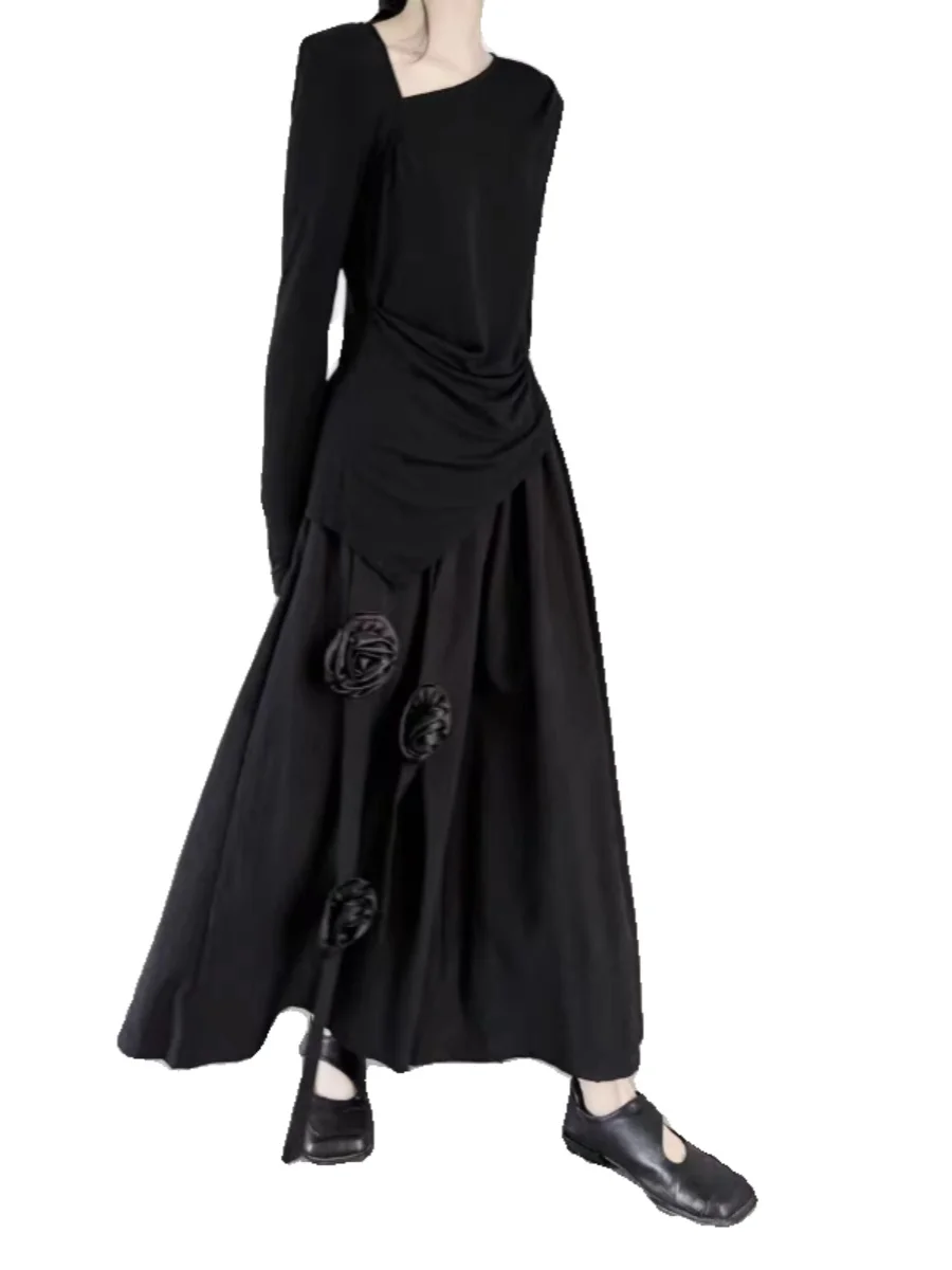 Schlankmachende Hose mit weitem Bein und Webgürtel, neun Punkte, 3D-Blumendesign, lässige Rockhose, Damen-Midirock mit hoher Taille