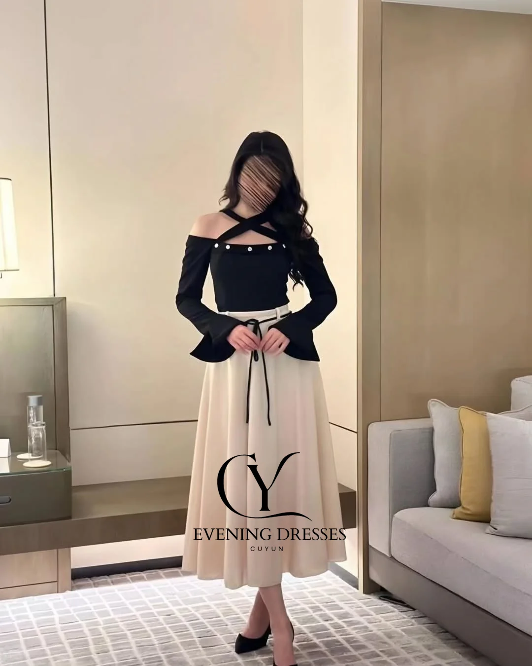 CUYUN طويلة الأكمام الرسن الرقبة فساتين حفلة موسيقية السعودية مطوي الكاحل طول فساتين المناسبات الخاصة مزاجه ثوب مسائي غير رسمي #4