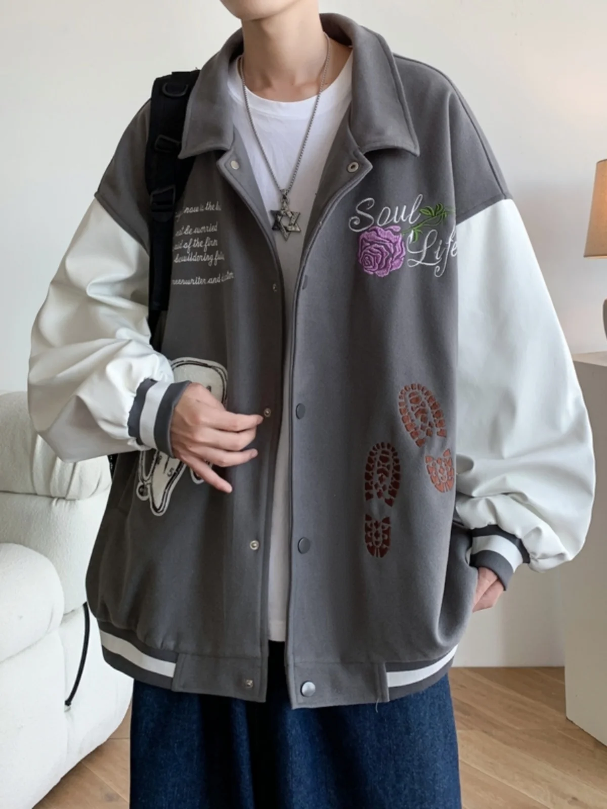 

Мужская шерстяная бейсбольная куртка American Sle свободного кроя, повседневная, с отложным воротником, модная верхняя одежда, водонепроницаемая, из полиэфирного волокна