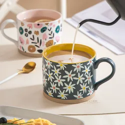 Nordic Painted Flowers Ceramic Tea Coffee Cup Breakfast Dessert Ice Cream Cup Cartoon Couple Mug Gift Office Mug Home Decoration