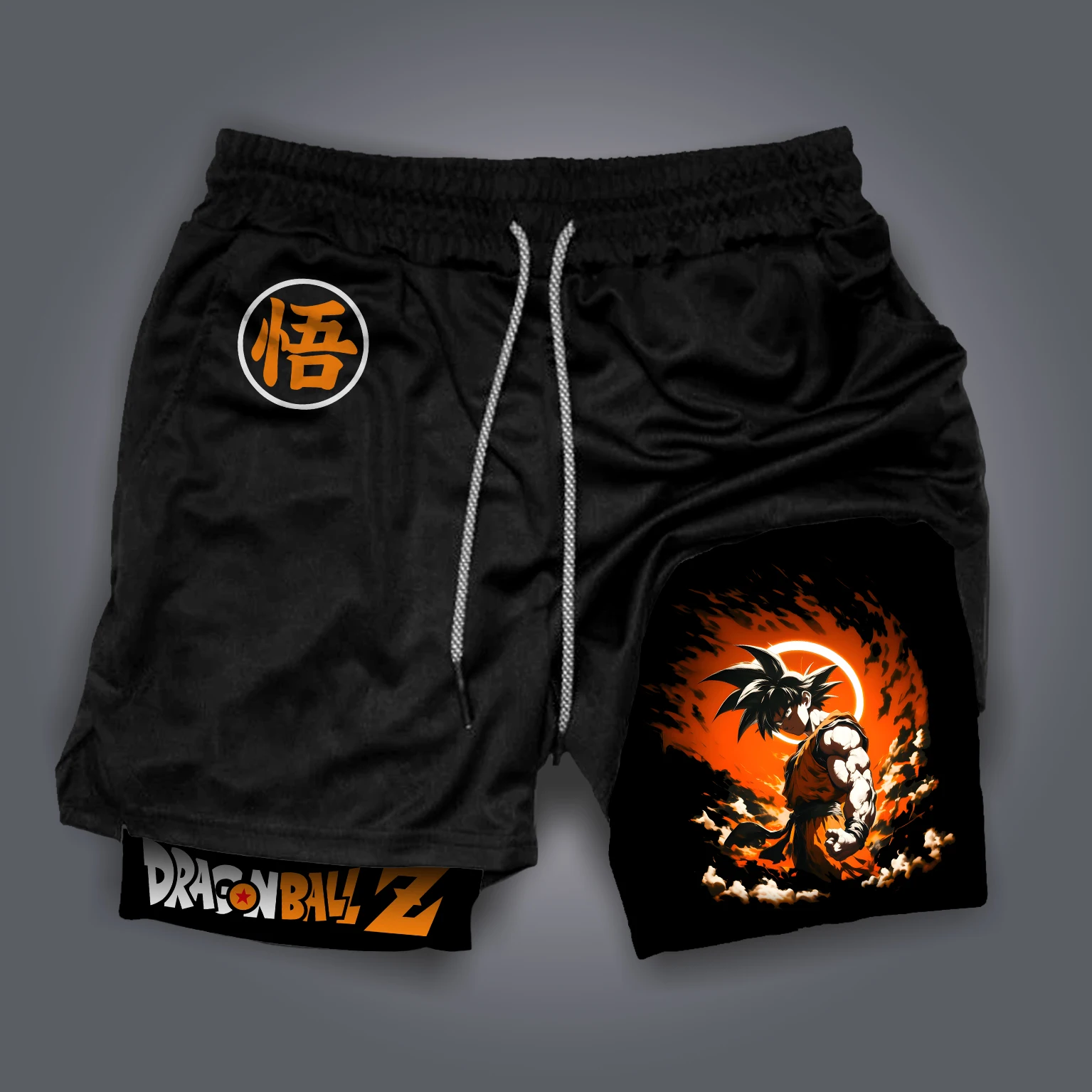 Pantalones cortos de entrenamiento Dragon Ball Z, clásico Goku Battle Pose, logotipo del lado derecho, texto, cordón ajustable en la cintura, ropa de gimnasio