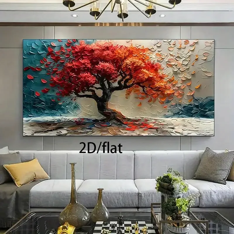 Unframed Modern Tree of Life Canvas Wall Art - Vivid Red Leaves and Abstract Blue, High Quality Living Room & Bedroom Decor