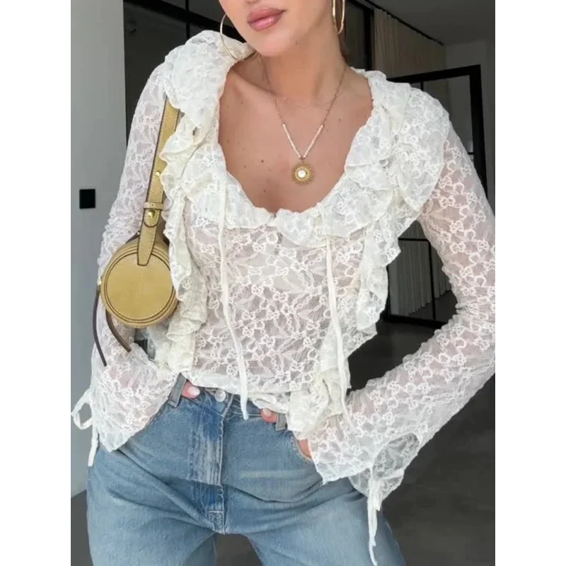 Women's Chic V-Neck Long Sleeve See-Through Solid Color Top Y2K Fashion Summer Sexy Layered Lace Top Transparent Clothing