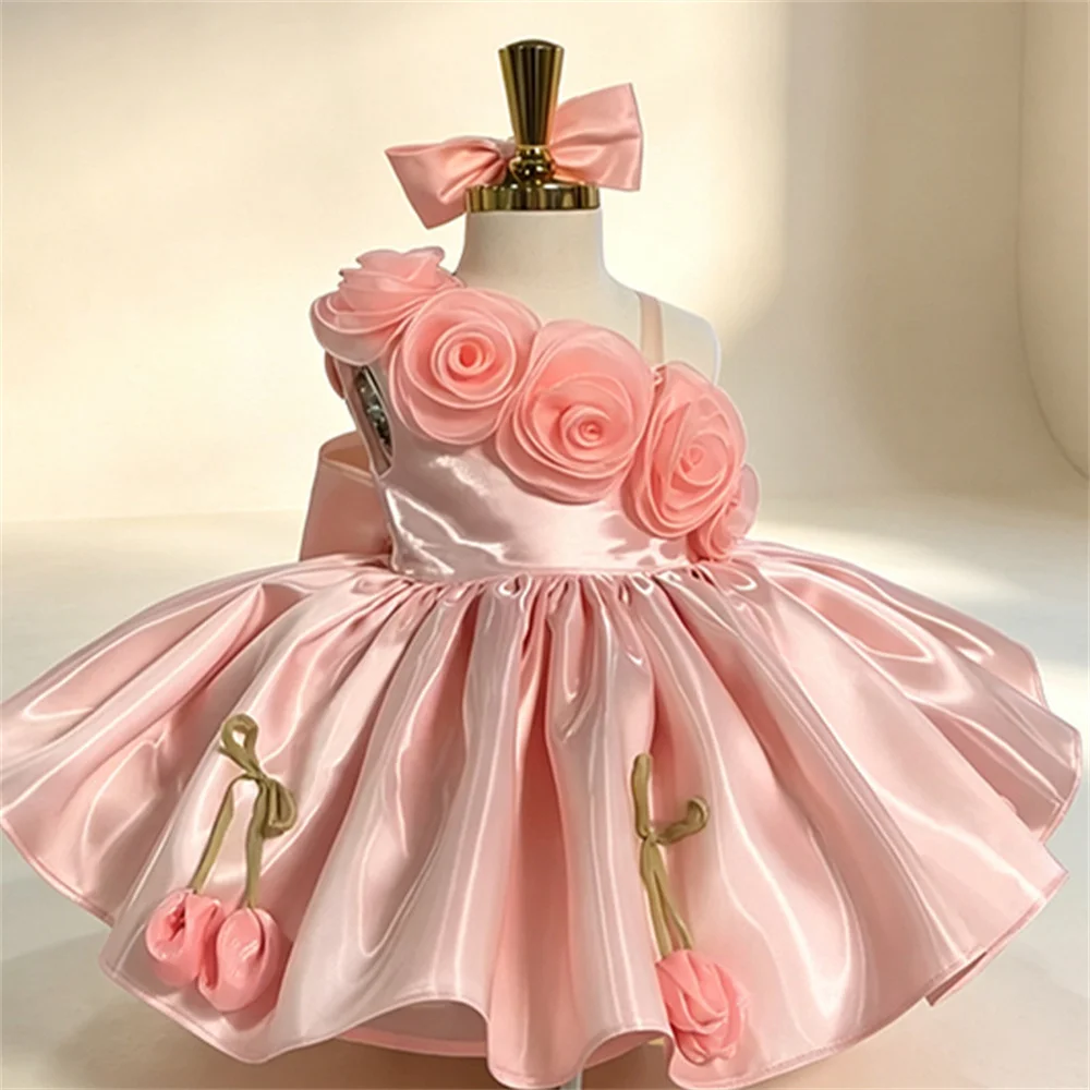 Pink Baby Kids Princess Flower Bow Satin Flower Girl Dress Children First Communion Dress Ball Gown Wedding Party Dress Birthday
