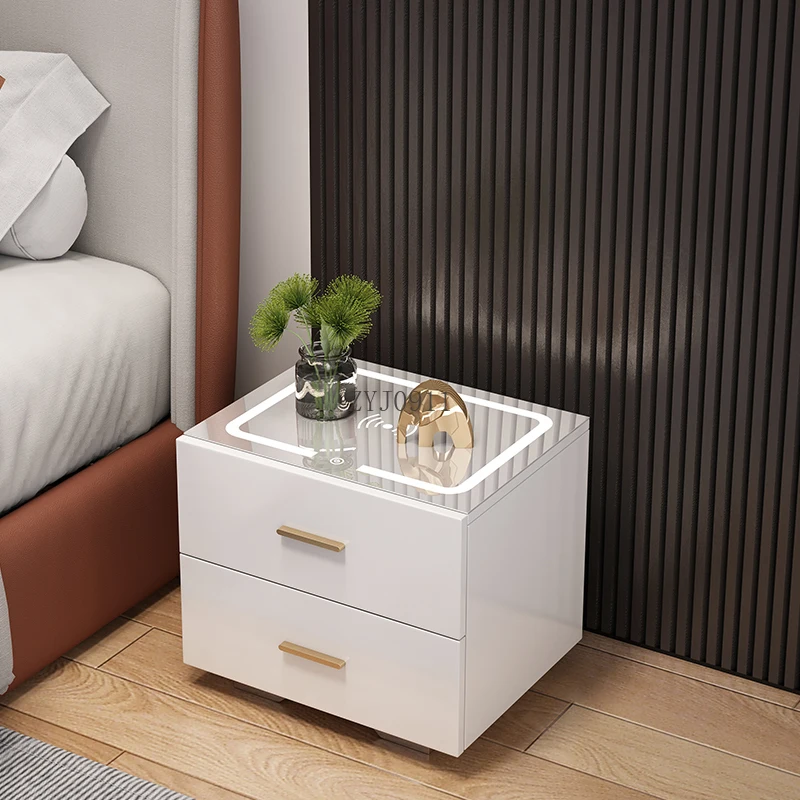 طاولة بجانب السرير ذكية ذات صمام ثنائي باعث للضوء باللون الأبيض شديد اللمعان مع 3 أدراج وشحن لاسلكي لأثاث غرف النوم #4