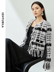 SENTUBILA Tassel Cropped Tweed Jacket 2024 Elegant Straight Black White Plaid Long Sleeve Winter Short Jacket Coat 141W53937X