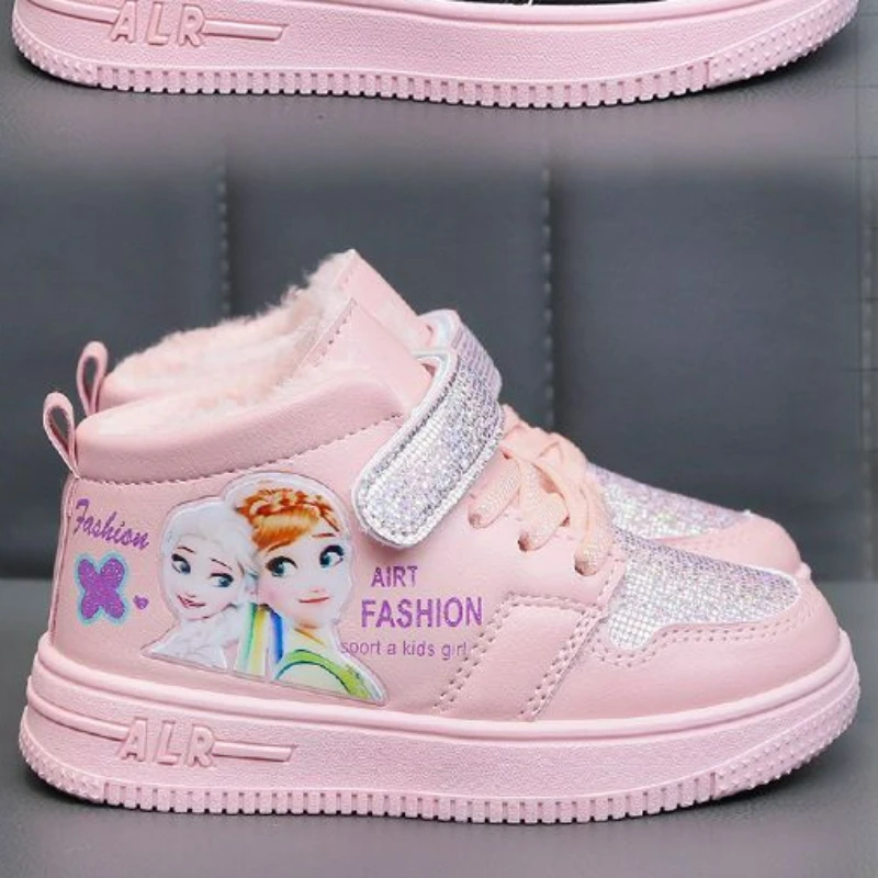 Disney Children Winter Ankle Snow Boots Cartoon Princess Elsa Frozen Pink Casual Shoes For Girls Warm Outdoor Shoes Size 26-37