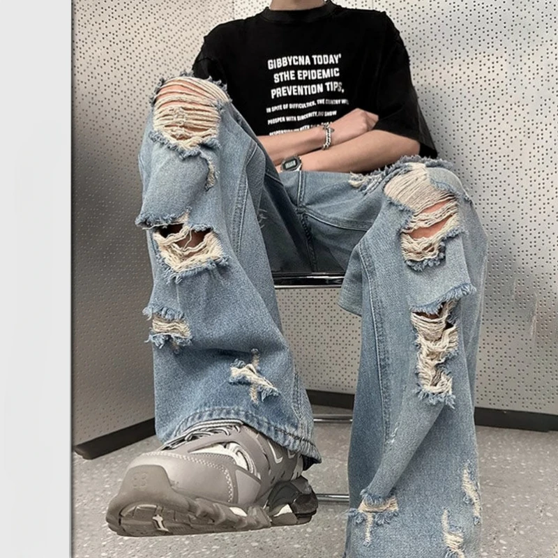 

American hip-hop straight leg men and women trend summer personality destruction jeans couple loose retro Harajuku casual pants