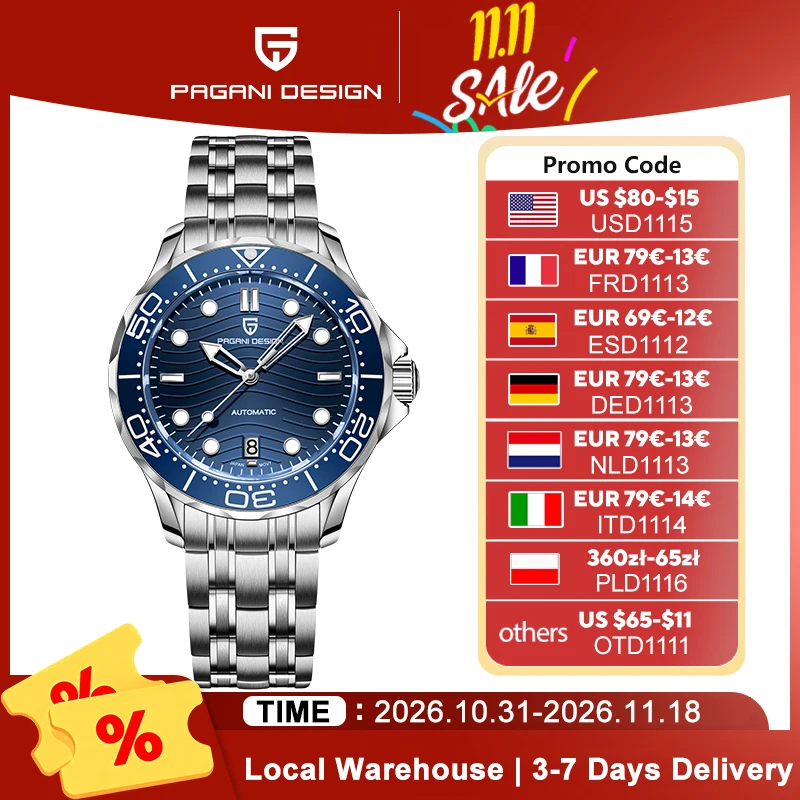2026 New WatchMen PAGANI DESIGN Blue Wave Dial Luxury Automatic Watch Men AR Sapphire Crystal MIYOTA 8215 Movt Mechanical Wristwatch Men Local Shipping