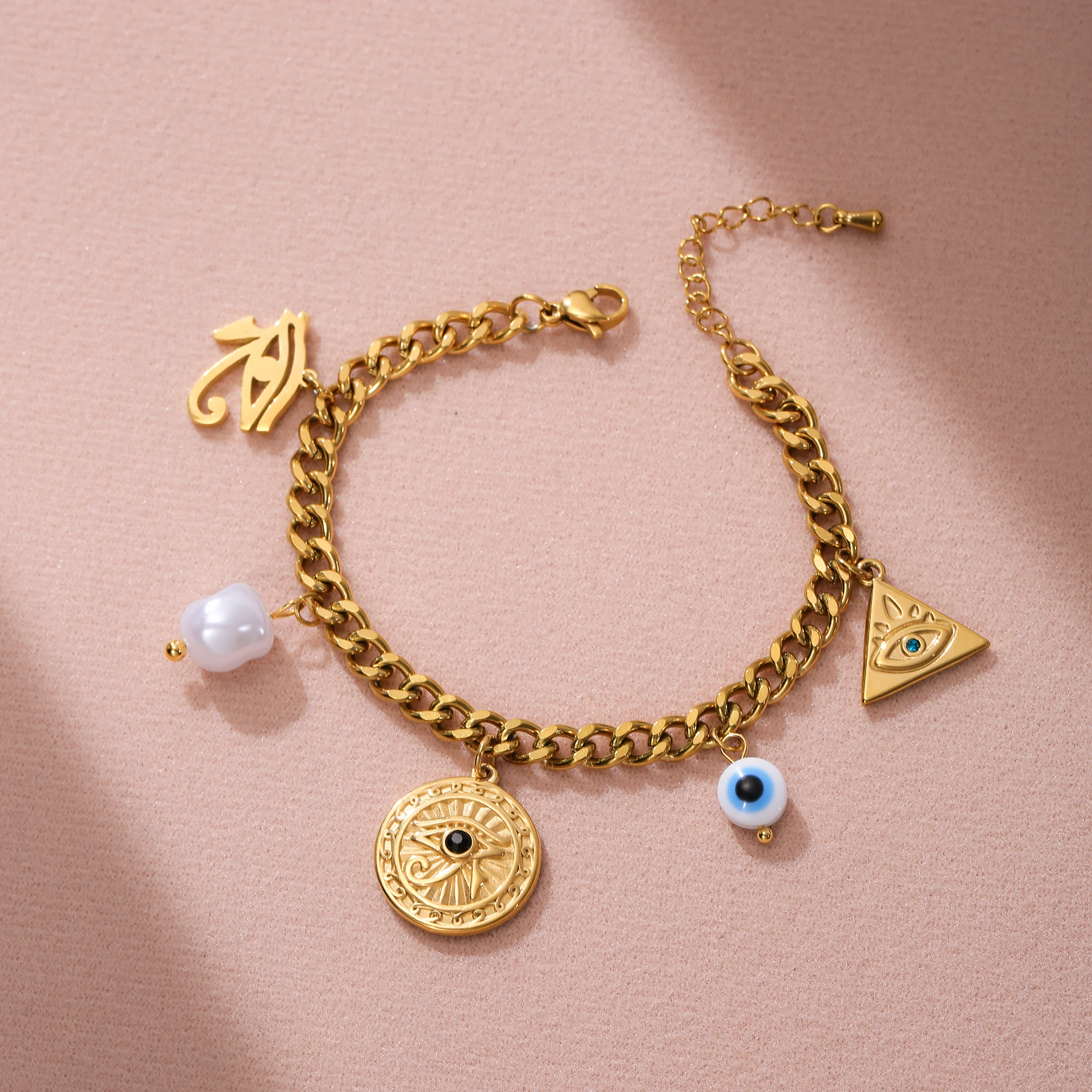 

Golden Tone Stainless Steel Evil Eye Charm Bracelet with Freshwater Pearl for Women