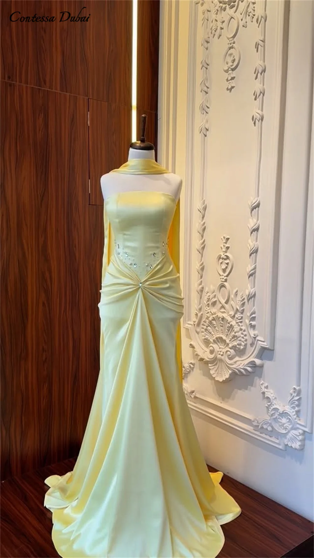 

Contessa Dubai Custom Cream yellow A-Line Prom Dress Waist pleats And Gemstone vestidos de gala Court Train women evening dress