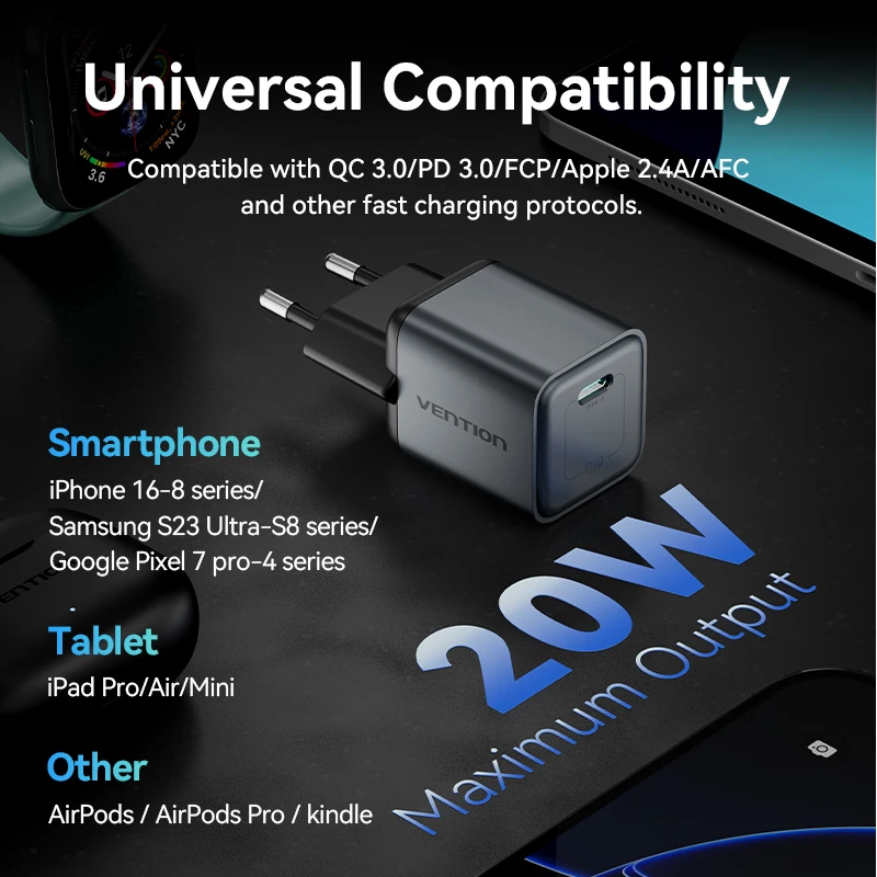 Vention 20 واط GaN شاحن شاحن سريع USB C PD3.0 QC3.0 شحن سريع آيفون 16 15 14 برو ماكس سامسونج شاومي نوع-C شاحن