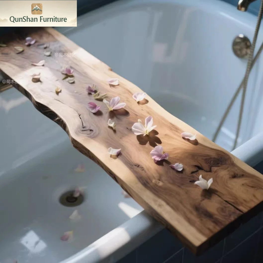 Bathtub Caddy Over the Tub Natural Live Edge Solid Wood Bath Tray with Storage Modern Customizable Spa Bath Shelf
