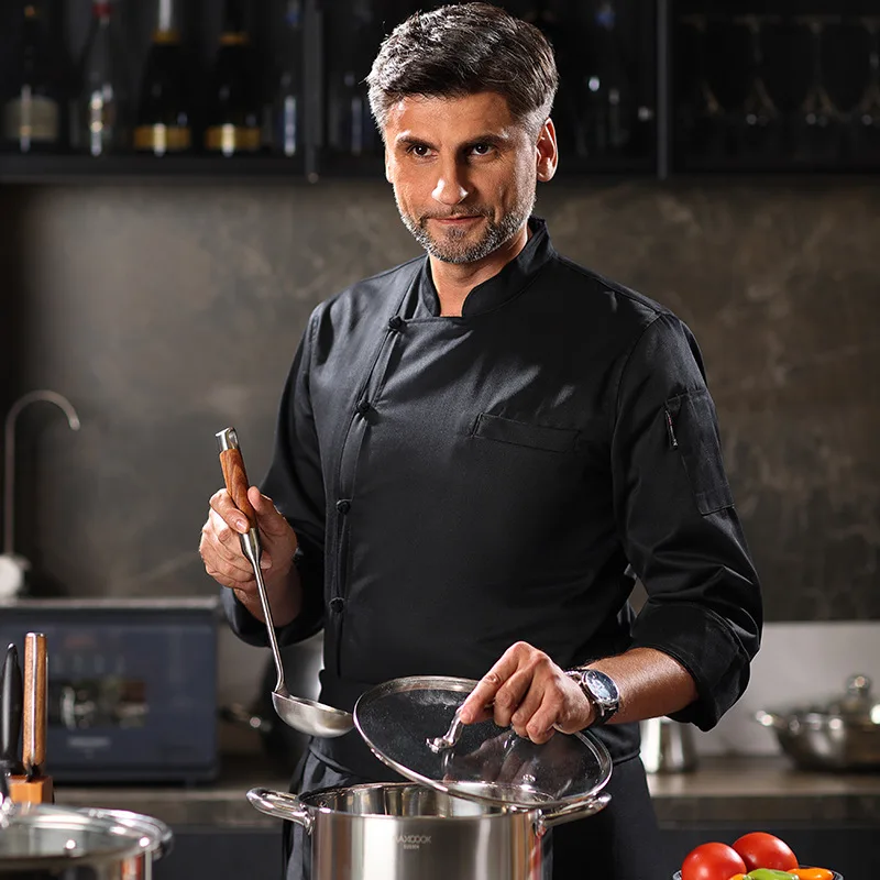 أزرار معطف الشيف للرجال بأكمام طويلة وسترة المطبخ زي نادل المطاعم