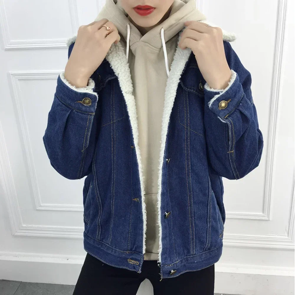 Autumn and Winter Women\'s New Lambswool Padded Denim Jacket Solid Color Loose Fleece Casual Warm Short Cotton-padded Jacket