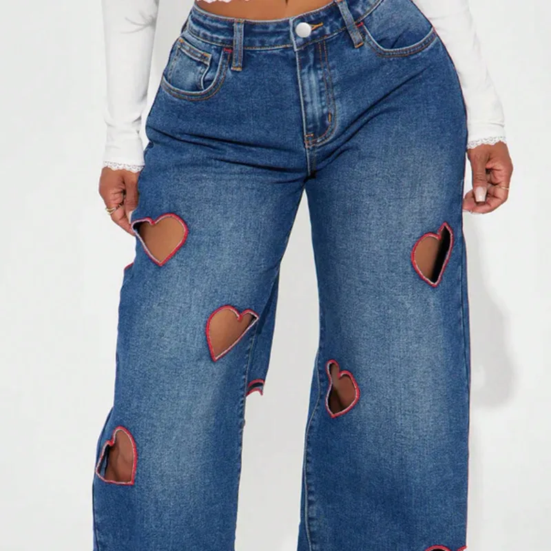 ANJY Spring Autumn New Women American Style Hollow Out Heart Embroidered Wide Leg Denim Pants Washed Chic Loose Fit Jeans A24938