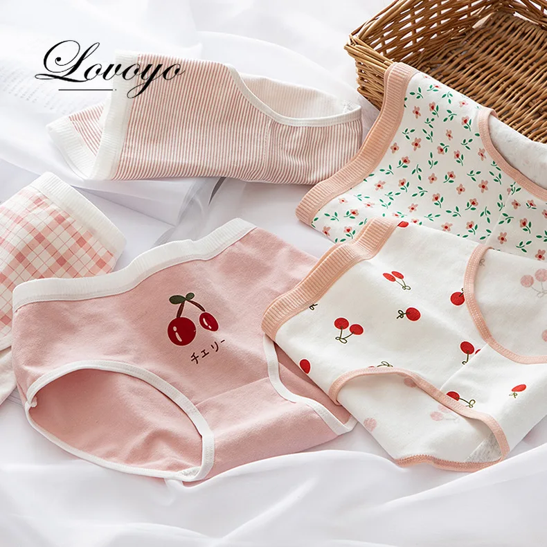 Fashion Menstrual Cotton Women Sweet Breathable Comfortable Soft Female Print Lovely Cherry Flower Solid Color Underpants 2024