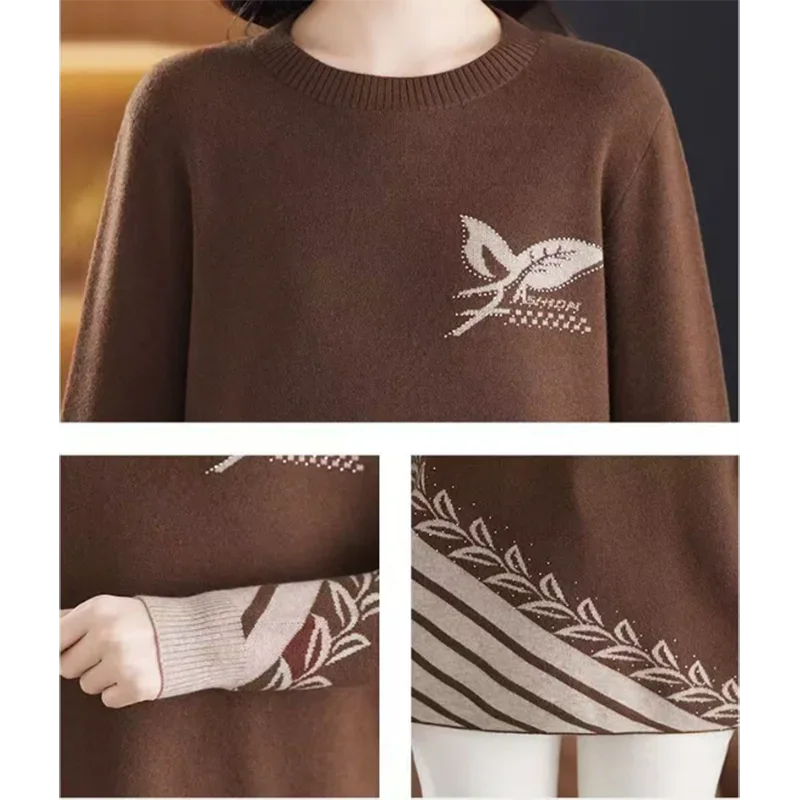 2025 Autunno Inverno Nuovo maglione pullover lavorato a maglia lungo Donna di mezza età O-Collo Maglione a maniche lunghe Maglione jacquard femminile Femme