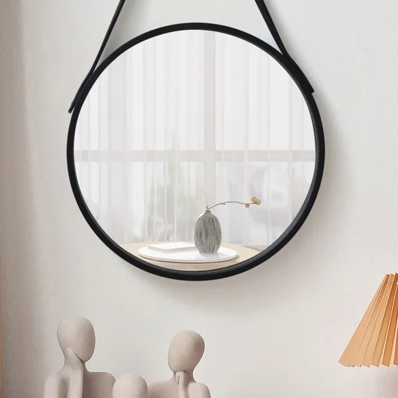 30x47cmPerforation-free Round Wall-mounted Vanity Mirror Thickened Wooden Border Bathroom Makeup Dressing Mirror