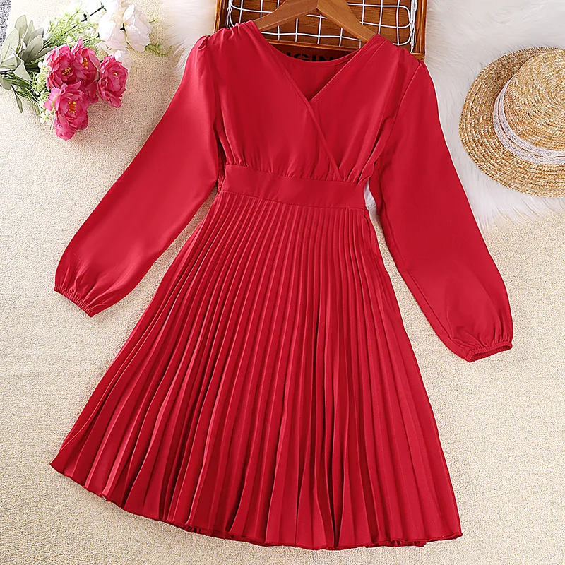 Dress Kids Girls 8-12 Years Red V-Neck Long-Sleeved Pleated Dress For Girls Elegant Princess Style Dress