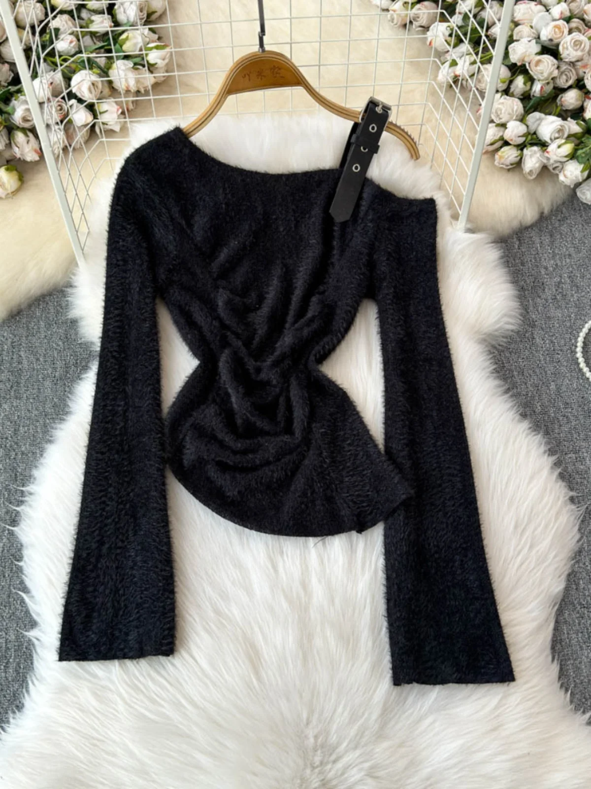 

Slim Fit oulder Bared Long Sve вязаный топ женский весенне-осенний Faion Bell Sve Pure Desire Spicy Girl Sle Design
