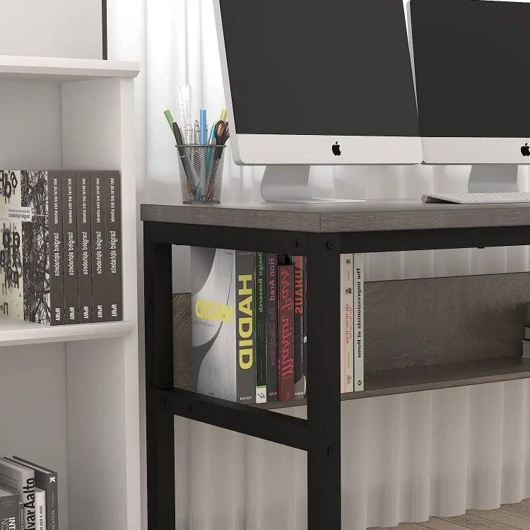 Computer Desk with Bookshelf/Metal Hole Cable Cover 1.18" Thick Desk (Light Walnut, 55")