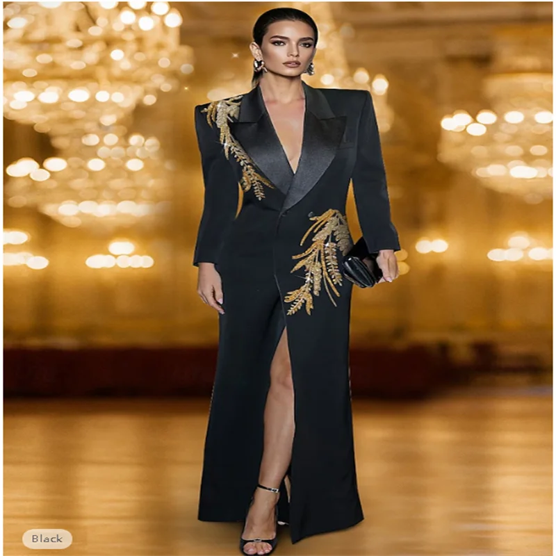 Black Tie Blazer Dress Tuxedo Dress Gold Sequin Applique Formal Wedding Guest Satin Stretch Crepe Elegant High Split Long Sleeve