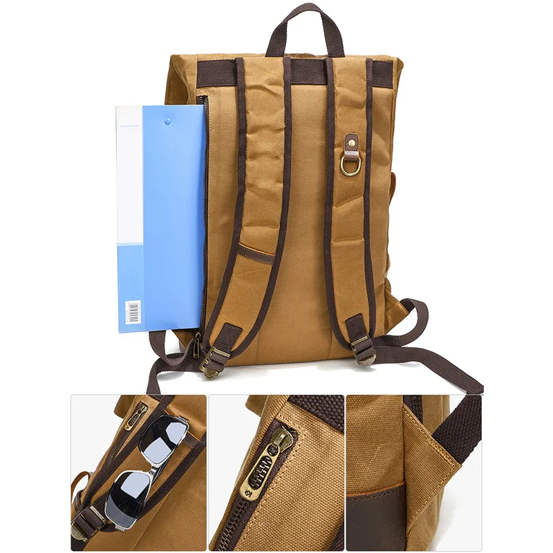 Rozkładany plecak retro o dużej pojemności dla mężczyzn, płócienny, wodoodporny plecak podróżny na zewnątrz z brązowymi skórzanymi wykończeniami i zapięciem na klamrę.