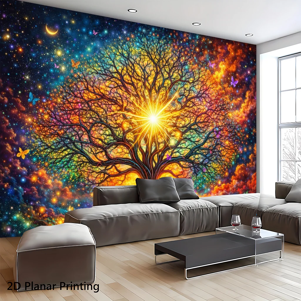 Colorful Tree of Life Galaxy Stars Butterflies 2D Flat Tapestry Backdrop For Bedroom Decor Spiritual Wall Hanging Art Print