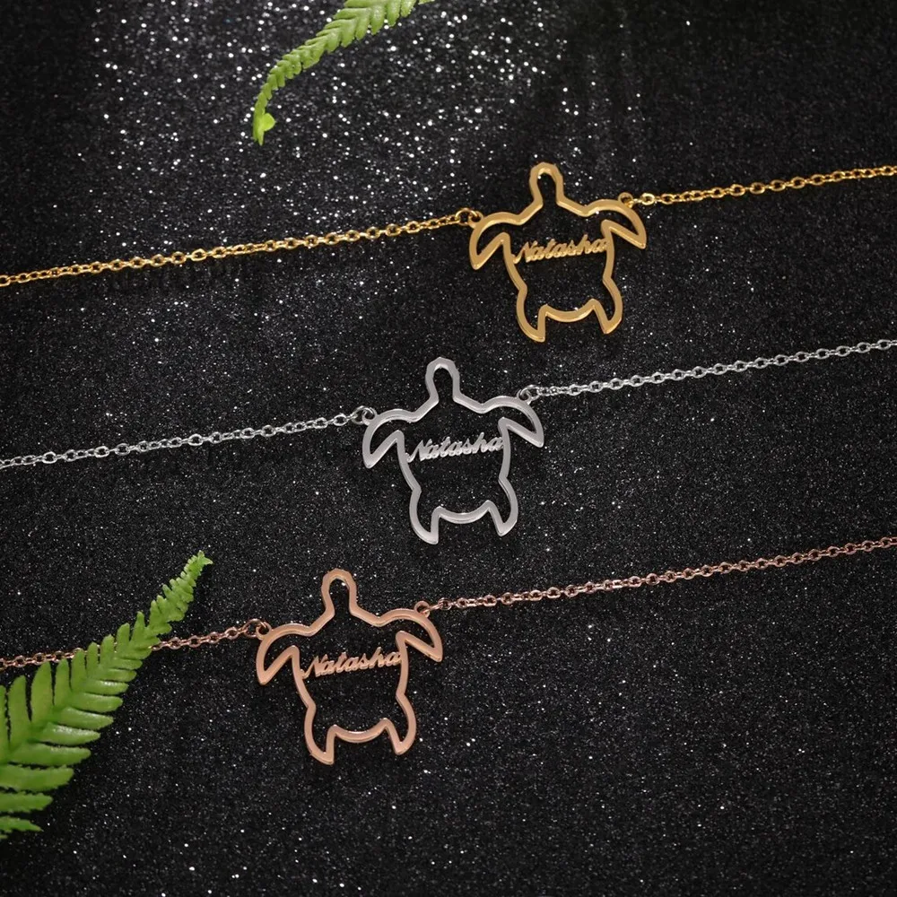 Custom Engrave Sea Animal Name Necklace For Women Personalized Dainty Turtle Pendant Necklace Best Friend Christmas Gift