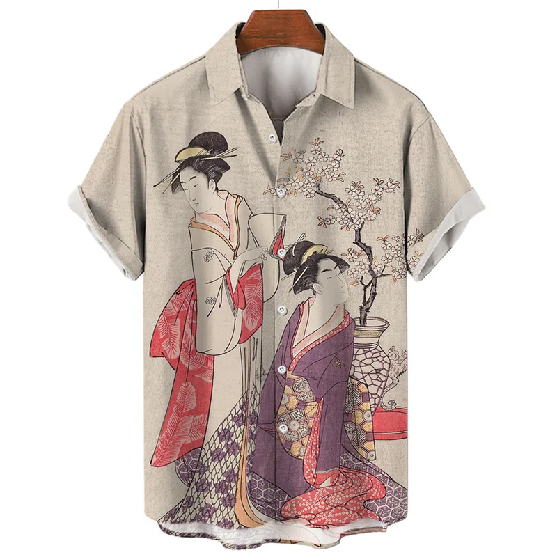 Japanese 3d Printed Geisha Shirt For Men Clothing Street Loose Oversized Short Sleeved Tops Summer Casual Lapel Hawaiian Shirts