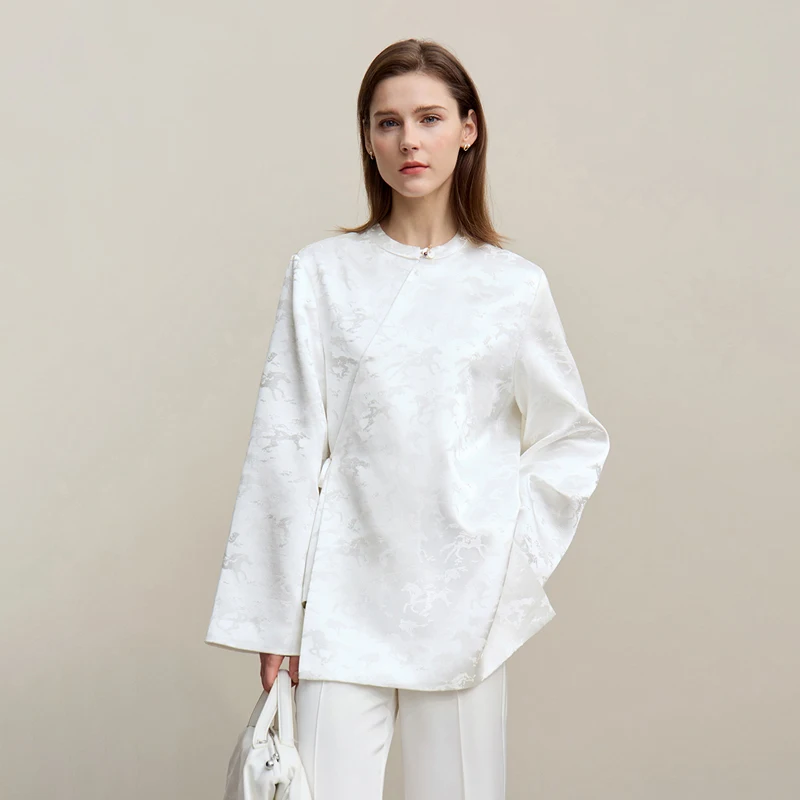 Amii Women's Jacket 2026 Autumn New Elegant Jacquard Tie Front Coat O-Neck Loose Asymmetric Placket Long Sleeve Tops 12641097