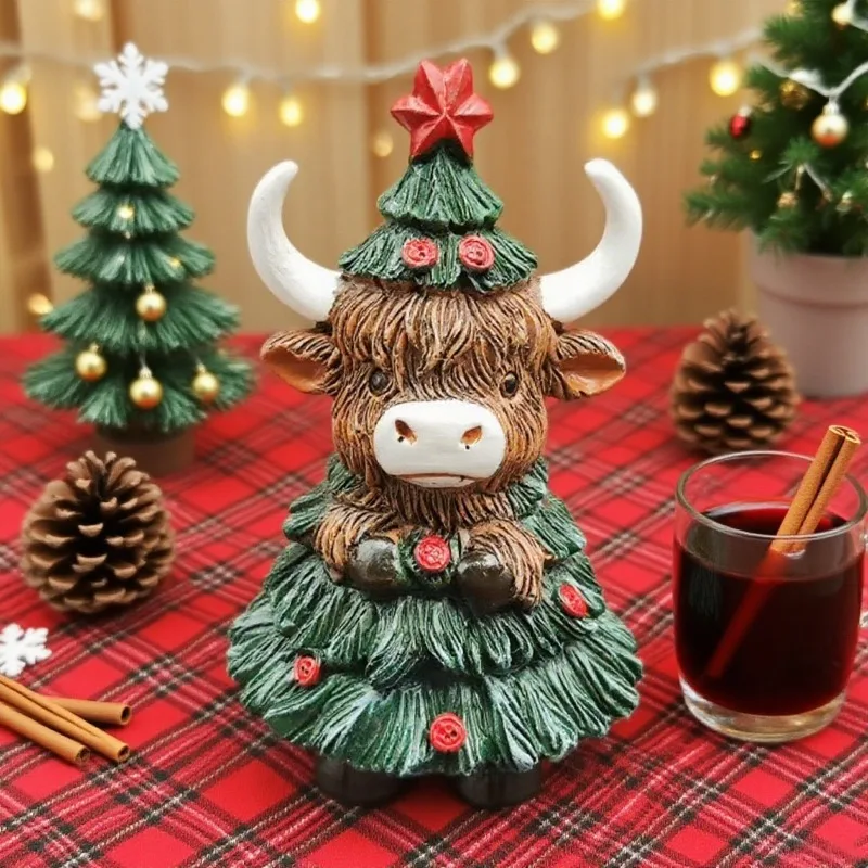 3pcs/lot New Christmas Cute Highland Cow Decorative Figurine For Home Garden Halloween Holiday Atmosphere Gift Ornament