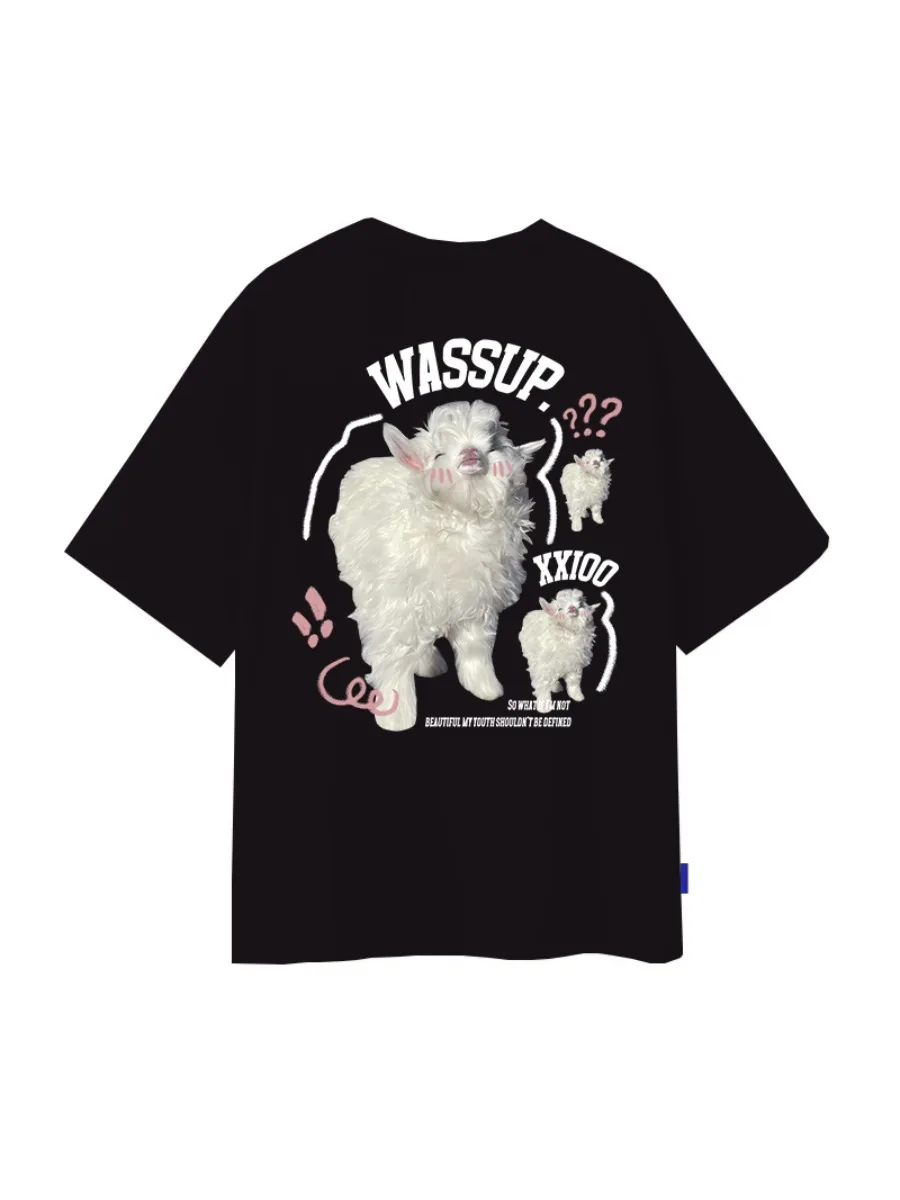 

Motorcycle Trendy Brand Summer Short-Sleeved 2025 New Style Male and Female Couples Heavy Cotton Printed Cartoon Lamb