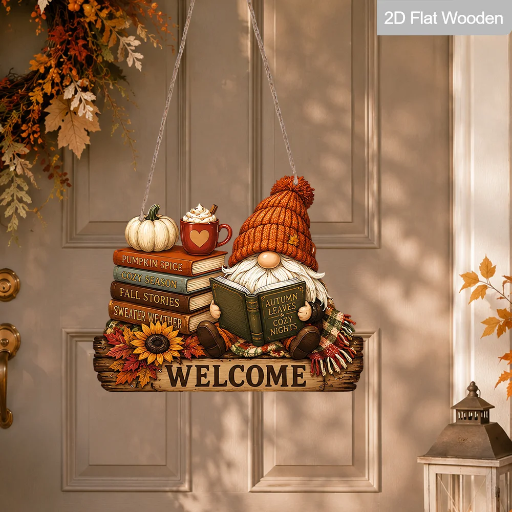 2D Flache Herbst-Zwerg-Willkommens-Holztafel Kürbis Buch Kaffee Herbst Bauernhaus Thanksgiving Haustür Wanddekoration – Detail 9