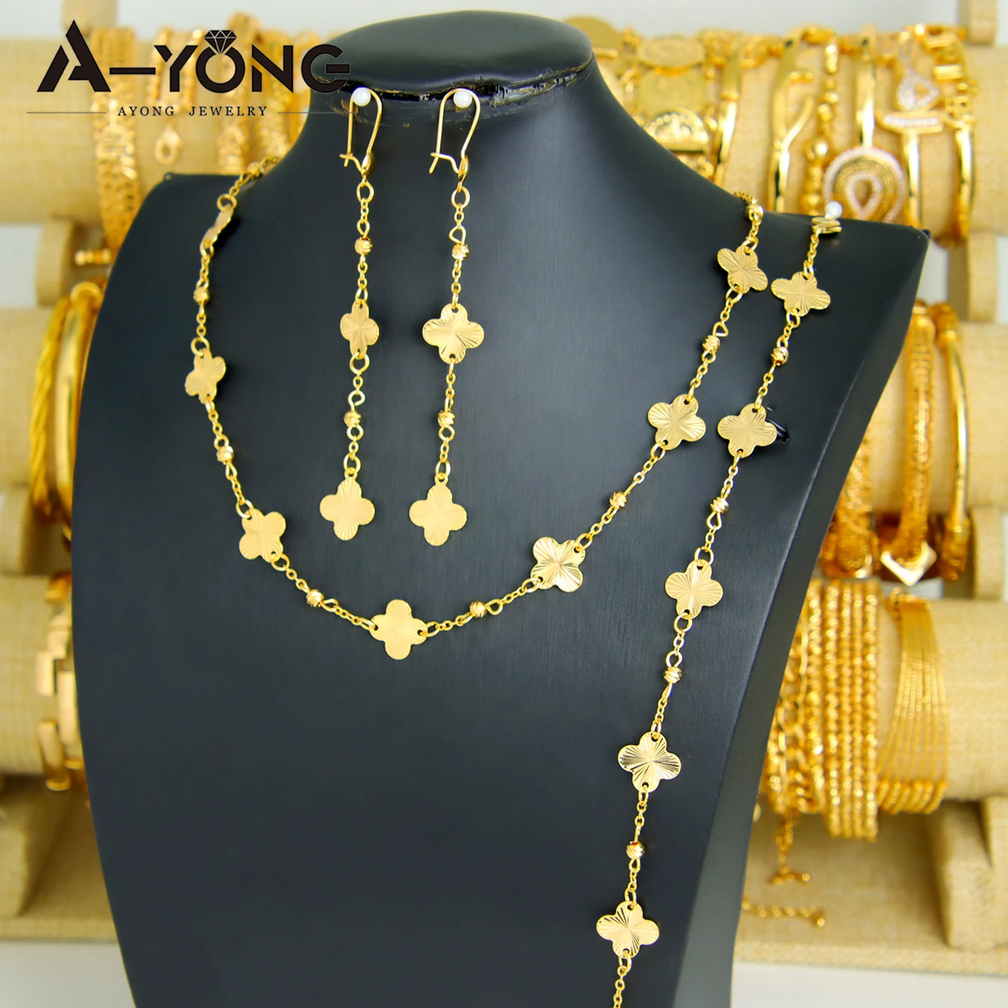 Italian Elegant Gold Color Bead Flower Necklace Set 21k Gold Plated Dubai French Women Bridal Cocktail Party Jewelry Gifts