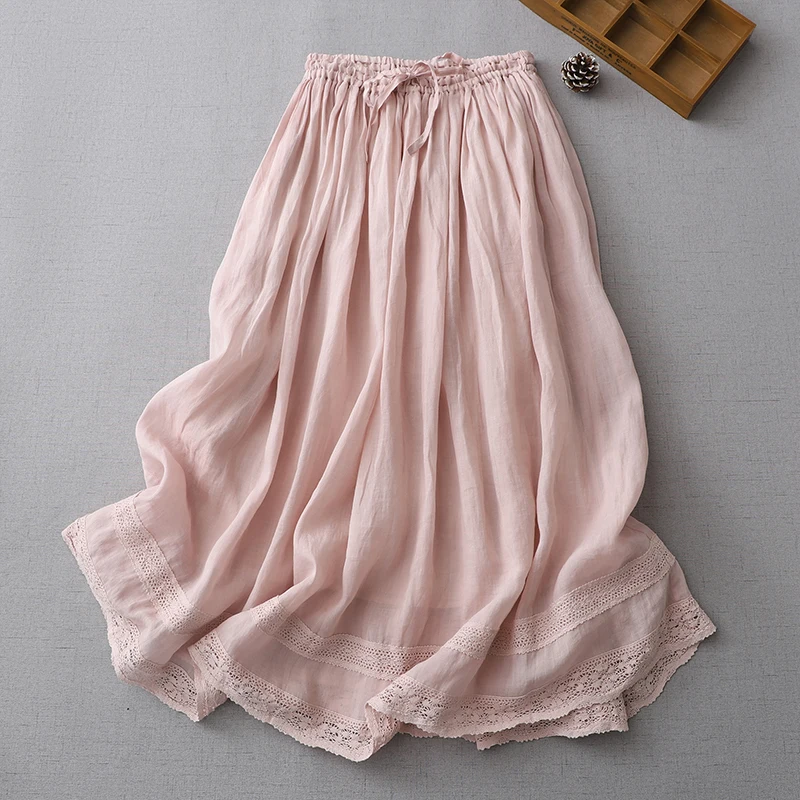 

Льняная юбка с внутренней трапецией, свободная талия, двухслойная, тонкая, с вышивкой, женская, весна-лето, цвет курингов