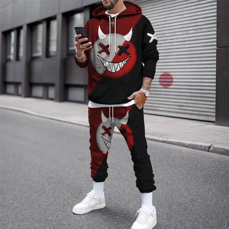 3D Smile Face Print autunno inverno tute felpe con cappuccio da uomo pantaloni tuta pantaloni tute Pullover pantaloni sportivi Casual Streetwear Set