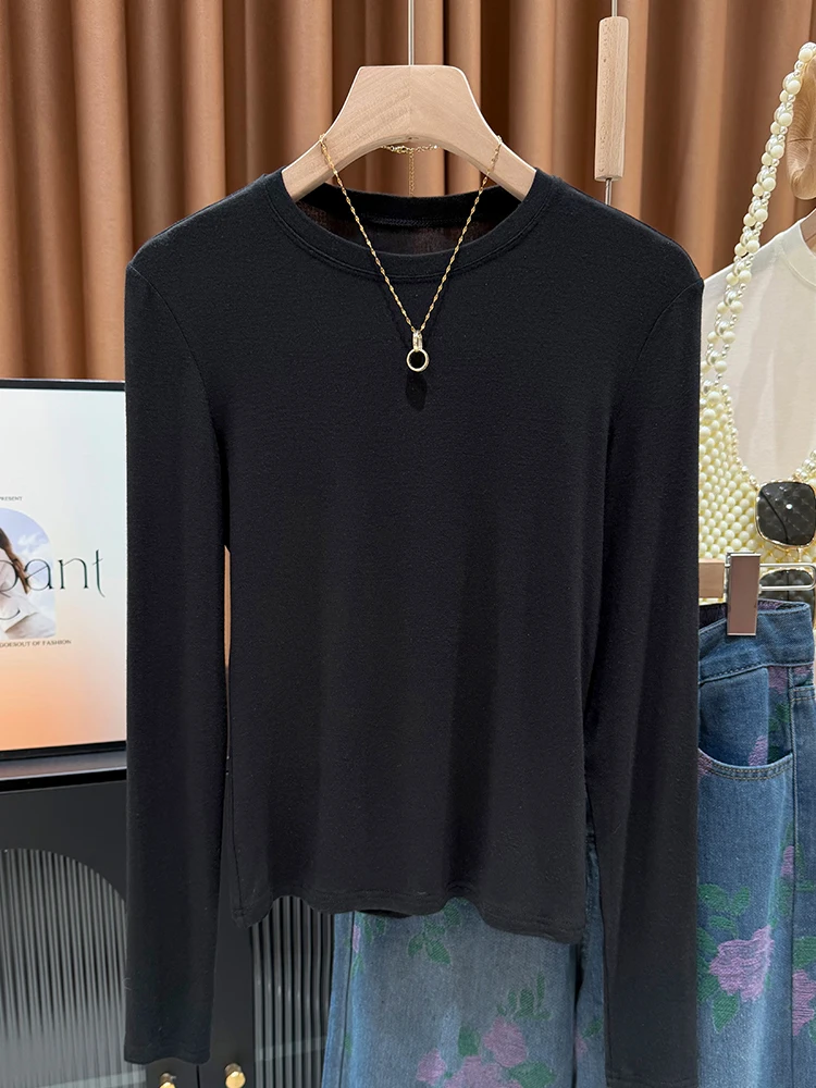 

Черная трикотажная облегающая футболка с круглым вырезом для женщин, базовая модель, весенняя модная внутренняя одежда, красивый топ с маской, дышащий и комфортный