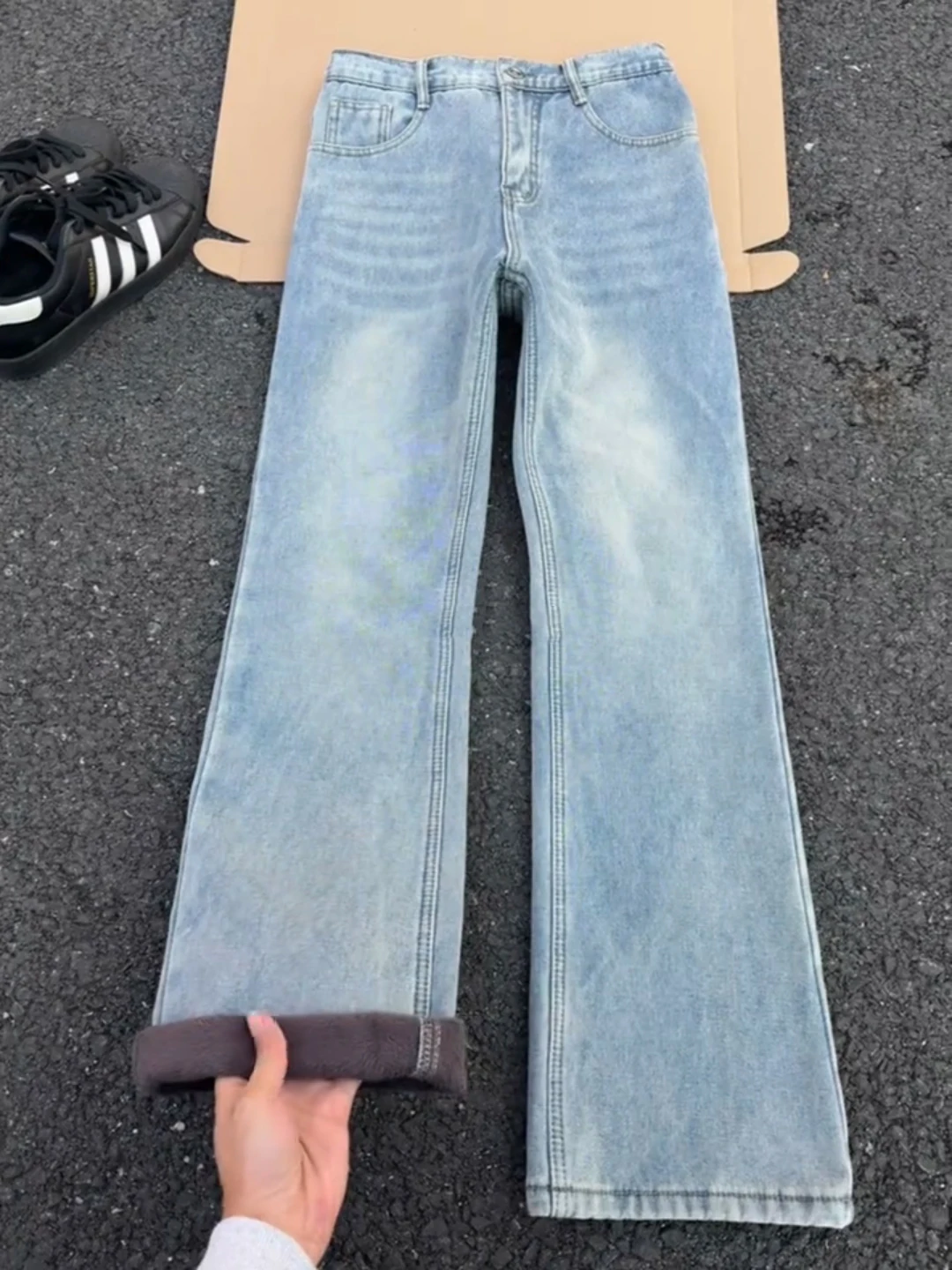 

Cleanfit Thickened Fleece Lined Straight Leg Jeans Men's Winter Warm Trousers Slimming mid Waist Zipper Casual Jeans