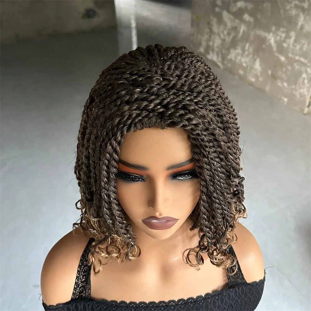 Box 3x Twist Braided Wigs Synthetic Short Bob Afro Dreadlocks Wig For Black Women Middle Part Tail Curl Braids Wig Daily Use