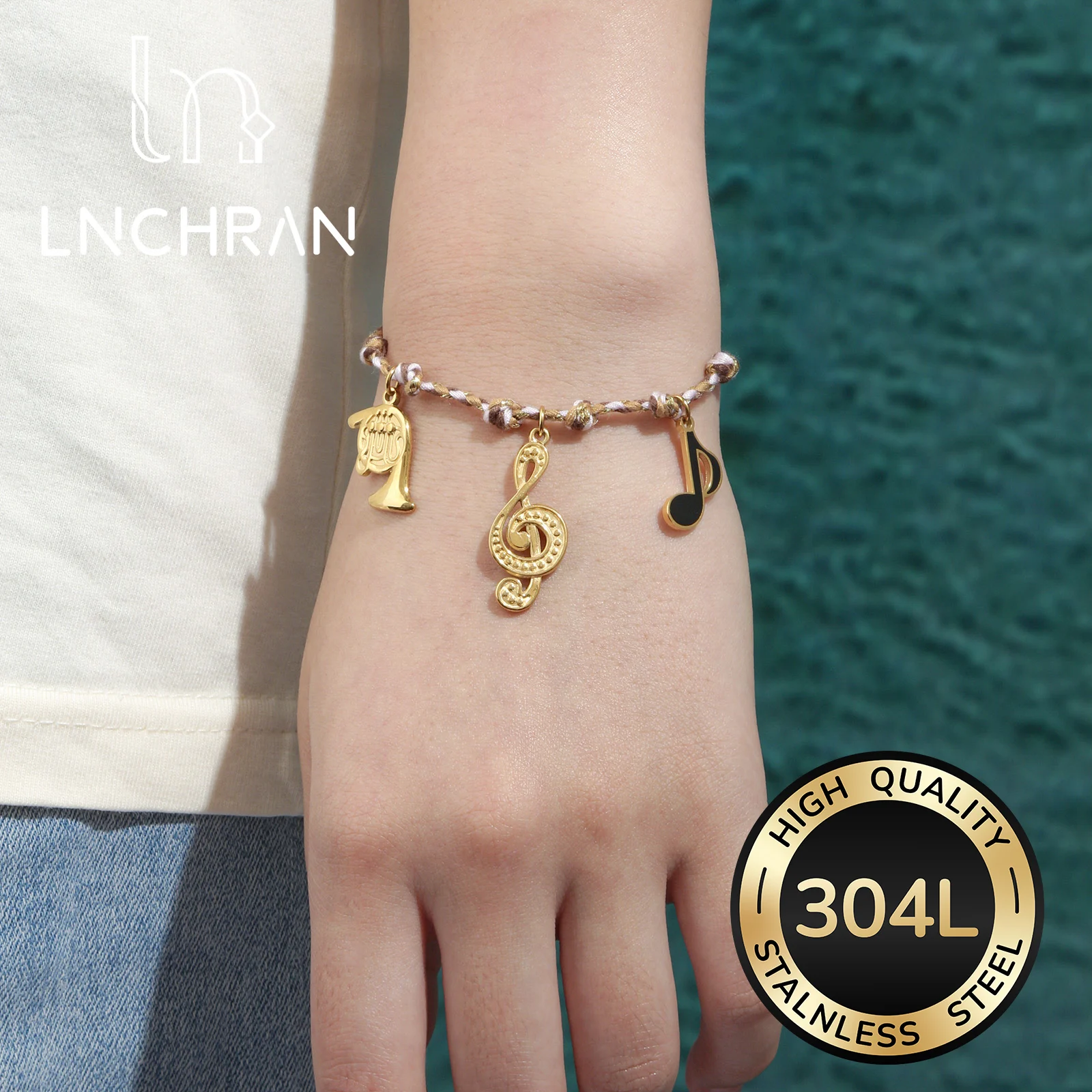 

Golden Music Note Charm Braided Cord Bracelet with Extension Chain for Women
