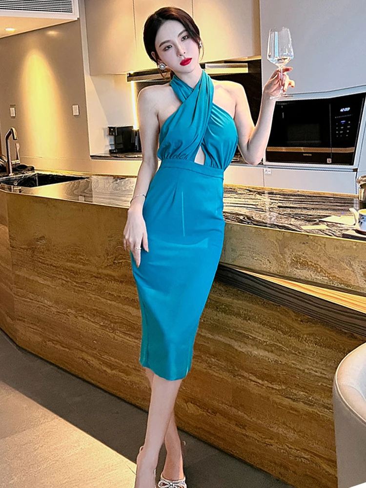 Summer Dresses Woman 2023 Vintage Sexy Midi Dress Black Blue Halterneck Cross Hollow Backless Slit Robe Beach Party Club Vestido