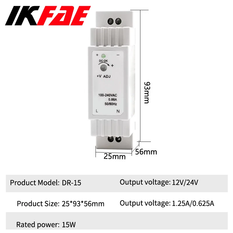 Industrial DIN -Rail  Switching Power Supply DR-15 Overload Protection Transformer Single Output 15W DC 5V 12V 24V 3A 1.25A