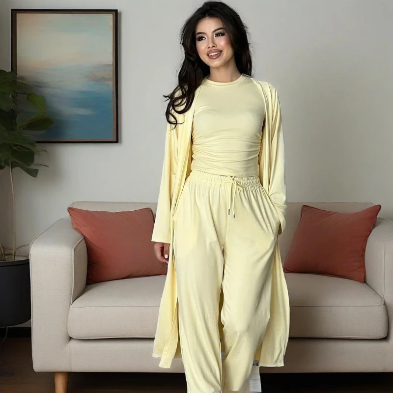 New Spring Comfortable Casual Women's Round Neck Long Sleeve Short Sleeve Wide Leg Pants Temperament Commuting 3-Piece Set